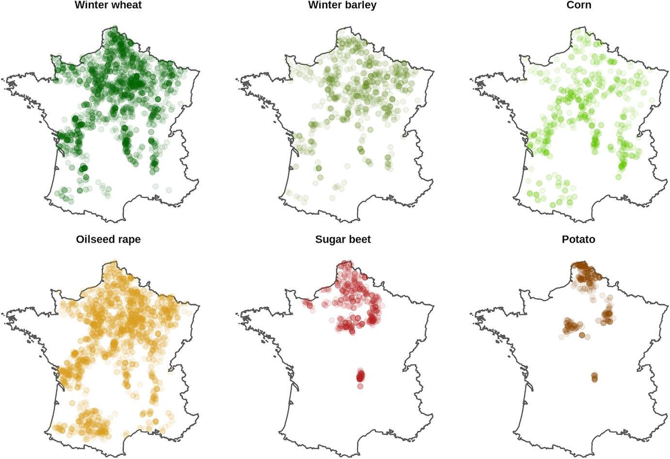 Distribution spatiale des parcelles suivies (blé d'hiver, orge d'hiver, maïs, colza, betterave à sucre et pomme de terre)